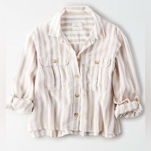 American Eagle Beige Striped Button Up Long Sleeve Top
